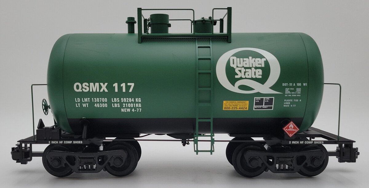 USA Trains R15220 G Gauge Quaker State Beer Can Tank Car (Metal Wheels) EX/Box