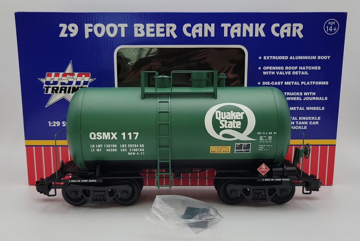 USA Trains R15220 G Gauge Quaker State Beer Can Tank Car (Metal Wheels) EX/Box