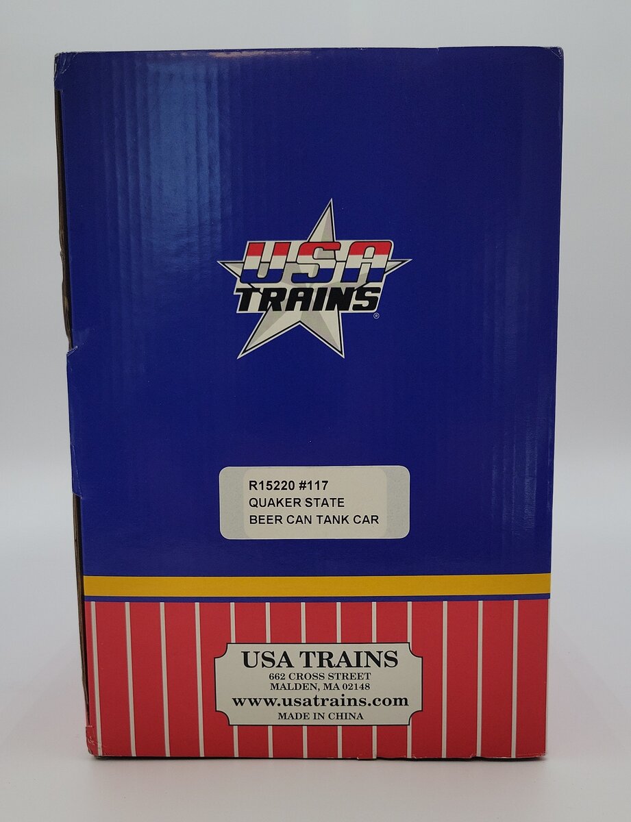 USA Trains R15220 G Gauge Quaker State Beer Can Tank Car (Metal Wheels) EX/Box