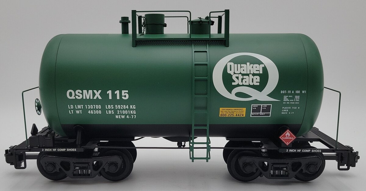 USA Trains R15220 G Gauge Quaker State Beer Can Tank Car (Metal Wheels) EX/Box