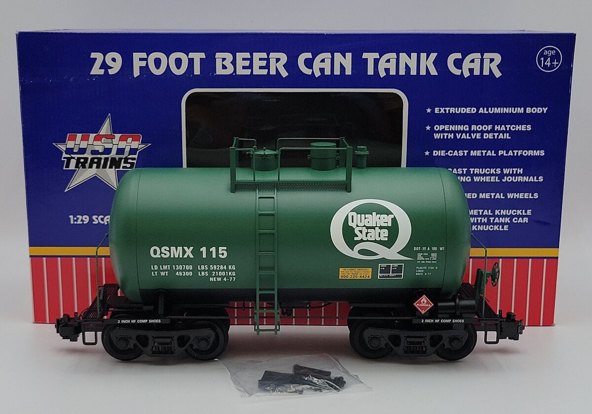 USA Trains R15220 G Gauge Quaker State Beer Can Tank Car (Metal Wheels) EX/Box