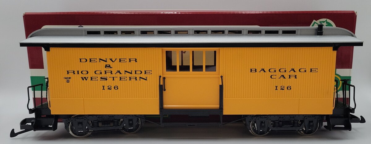 LGB 3084 D&RG Yellow & Silver Baggage Car w/ Custom Figure - Metal Wheels NIB