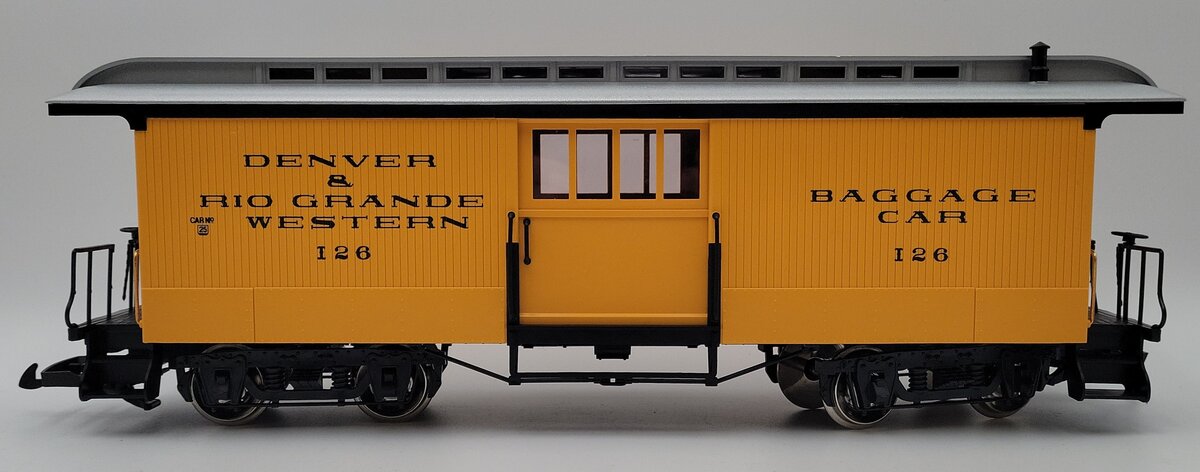 LGB 3084 D&RG Yellow & Silver Baggage Car w/ Custom Figure - Metal Wheels NIB