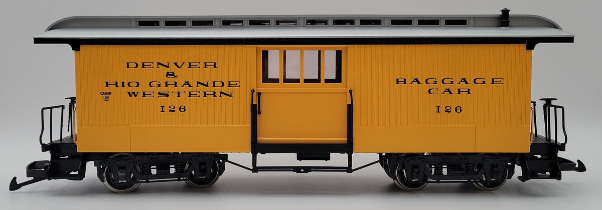 LGB 3084 D&RG Yellow & Silver Baggage Car w/ Custom Figure - Metal Wheels NIB