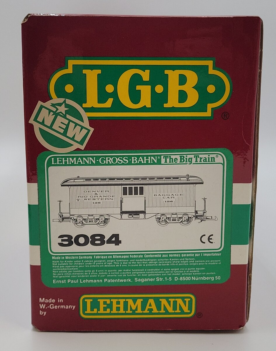 LGB 3084 D&RG Yellow & Silver Baggage Car w/ Custom Figure - Metal Wheels NIB
