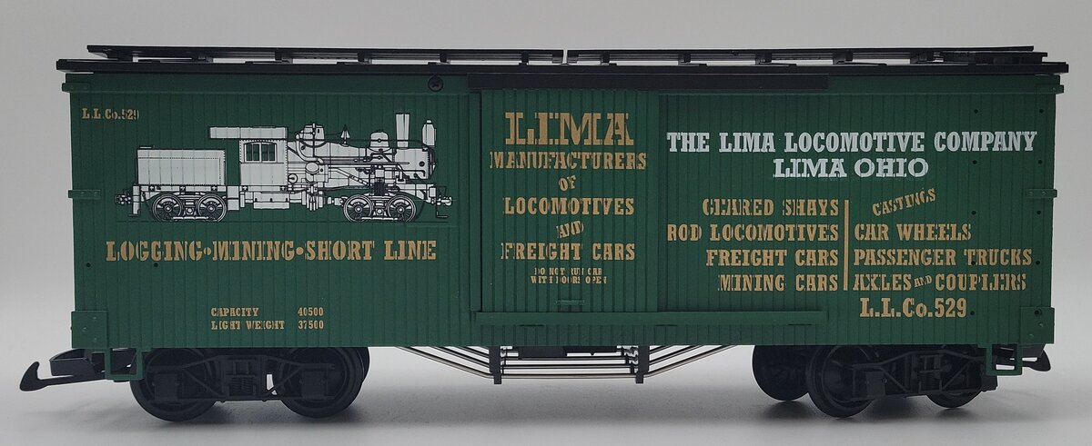 USA Trains R19091 G Lima Locomotive Co./Heisler Simulated Wood Box Car #529 LN/Box