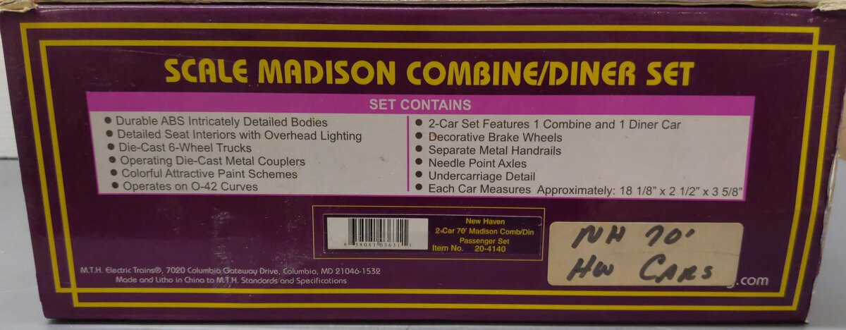 MTH 20-4140 O Gauge New Haven 70' Madison Combine/Diner Passenger Set (Set of 2) EX/Box