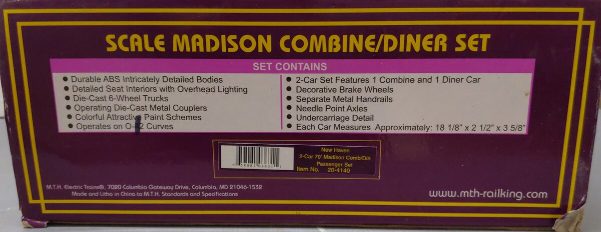 MTH 20-4140 O Gauge New Haven 70' Madison Combine/Diner Passenger Set (Set of 2) EX/Box