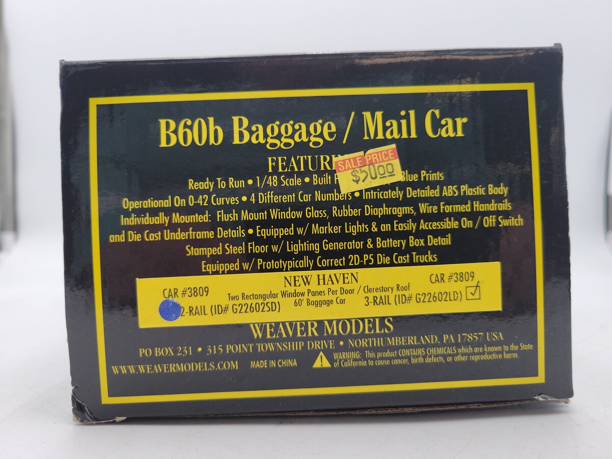 Weaver G22602LD O Gauge New Haven B6OB Baggage & Mail Car #3809 EX/Box