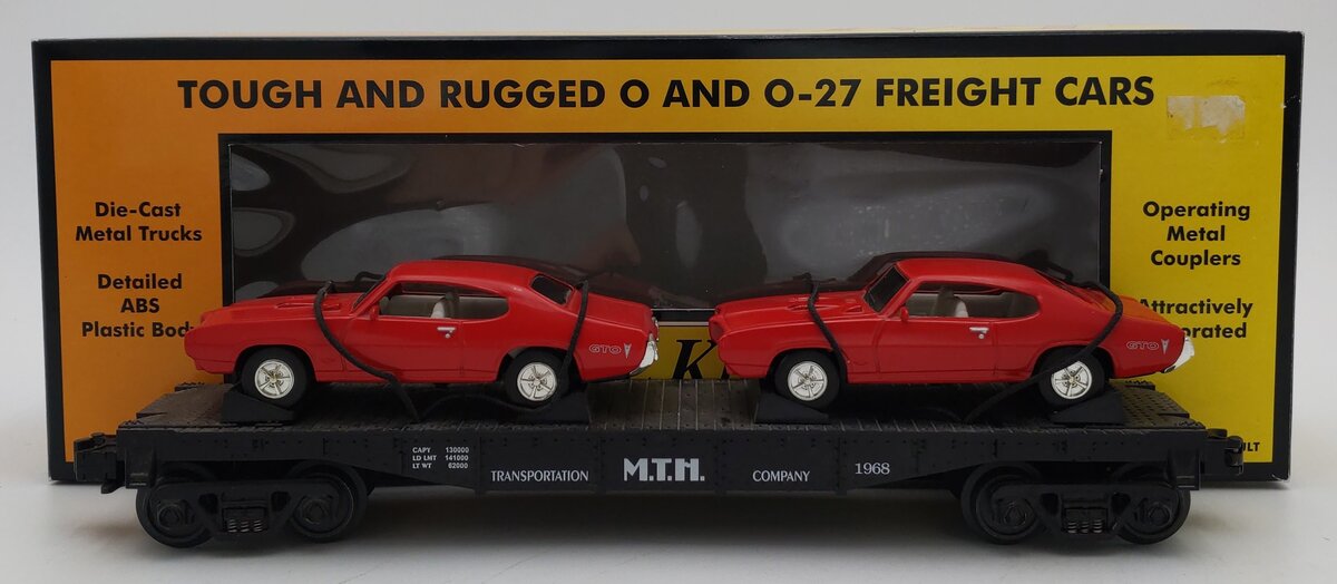 MTH 30-7639 O Gauge MTH Auto Transportation Flatcar with 2 Ertl '68 GTOs #1968 LN/Box
