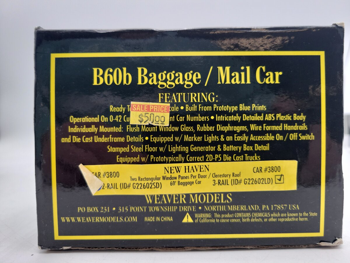 Weaver G22602LD New Haven B6OB Baggage & Mail Car #3800 VG/Box