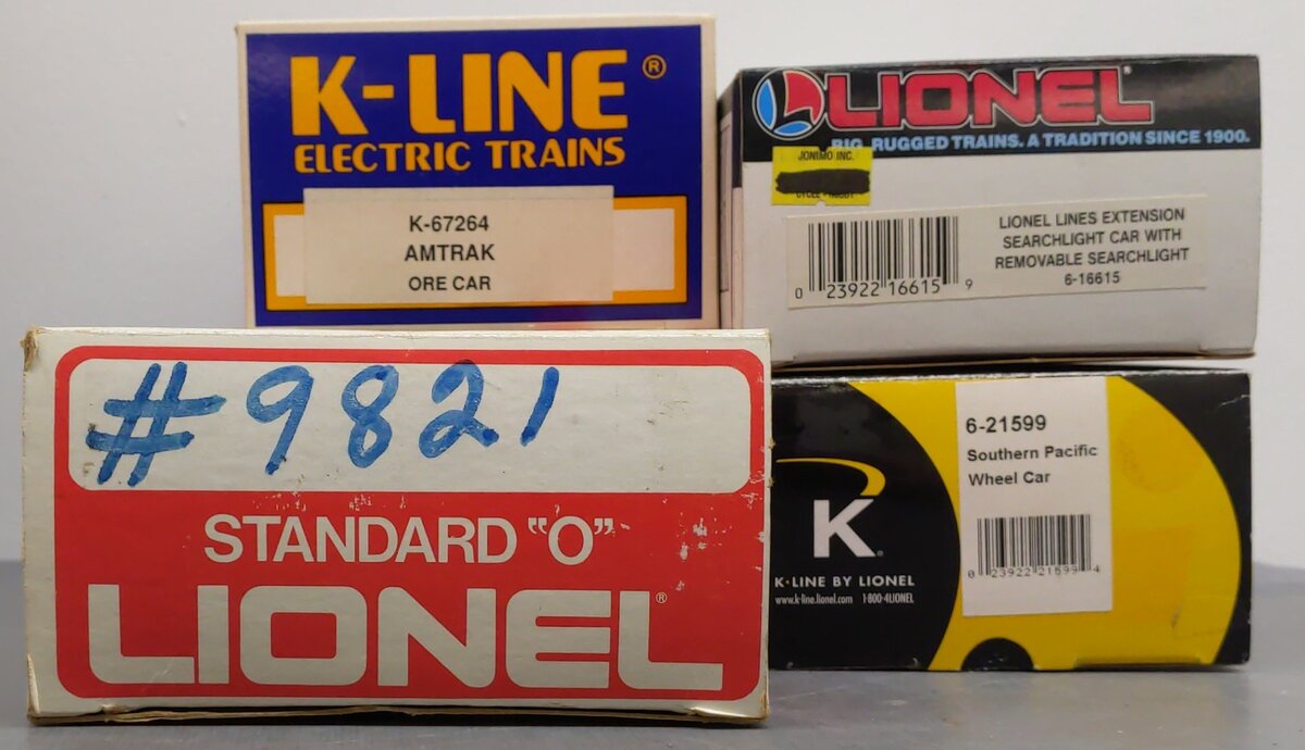 Lionel and K-Line O Assorted Freight Cars: #67264, #16615, #565701, #9821 [4] LN/Box