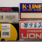Lionel and K-Line O Assorted Freight Cars: #67264, #16615, #565701, #9821 [4] LN/Box