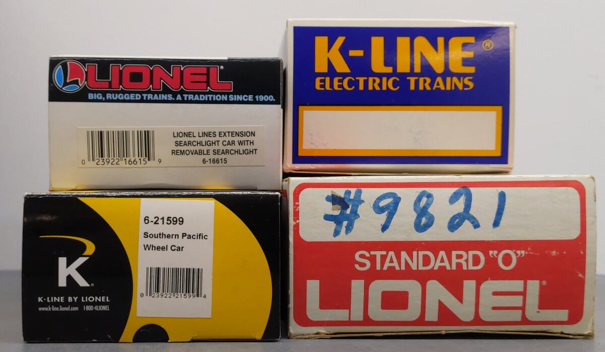 Lionel and K-Line O Assorted Freight Cars: #67264, #16615, #565701, #9821 [4] LN/Box