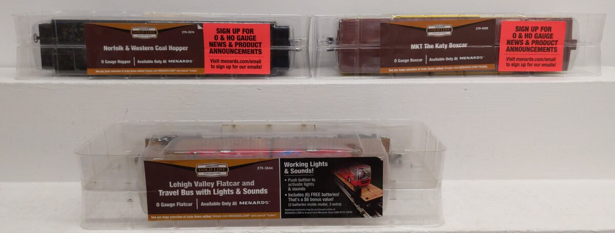 Menards O Gauge Freight Car Lot: 279-3844, 279-4526, 279-3574 [3] NIB