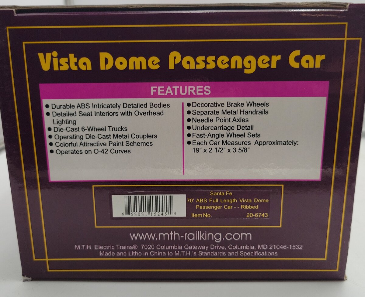 MTH 20-6743 O Gauge Santa Fe Vista Dome Passenger Car #508 EX/Box
