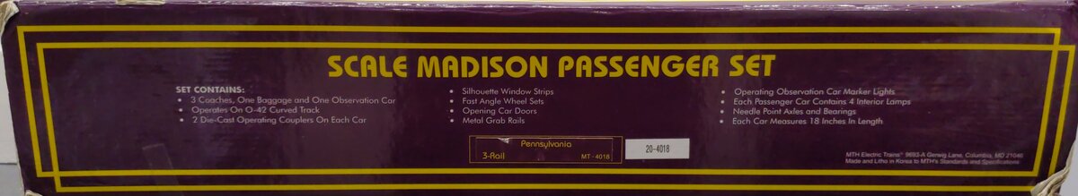 MTH 20-4018 O Gauge Pennsylvania 70' Madison Passenger 5-Car Set EX/Box