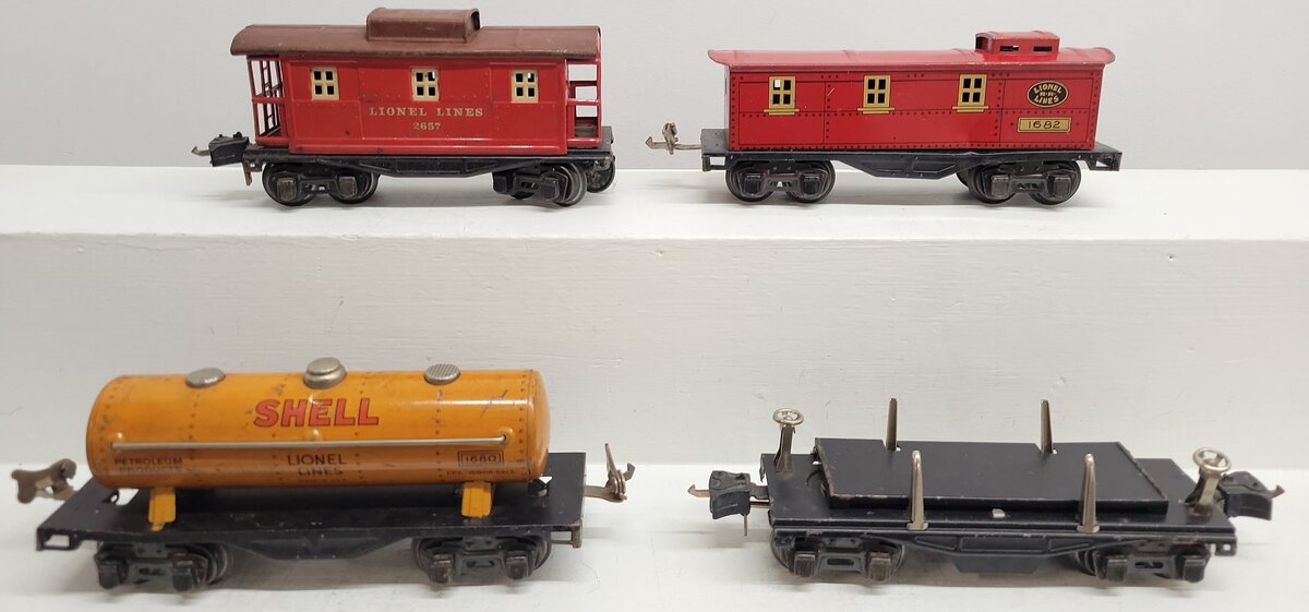 Lionel Vintage O Prewar Freight Cars: 2657, 1682, 3651, 1680 [4] VG