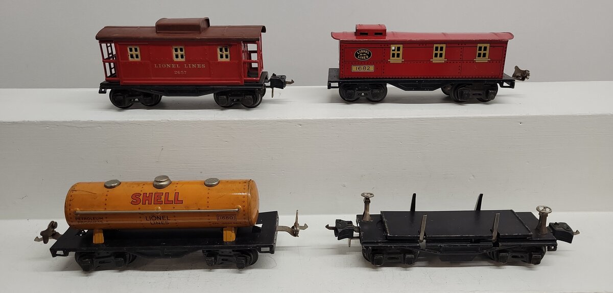 Lionel Vintage O Prewar Freight Cars: 2657, 1682, 3651, 1680 [4] VG