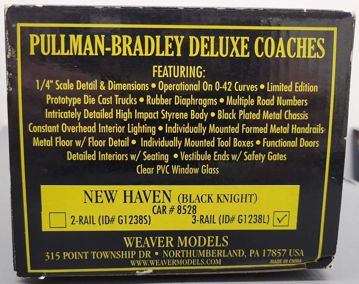 Weaver G1238L New Haven Black Knight Pullman-Bradley 85' Coach Car #8528 LN/Box