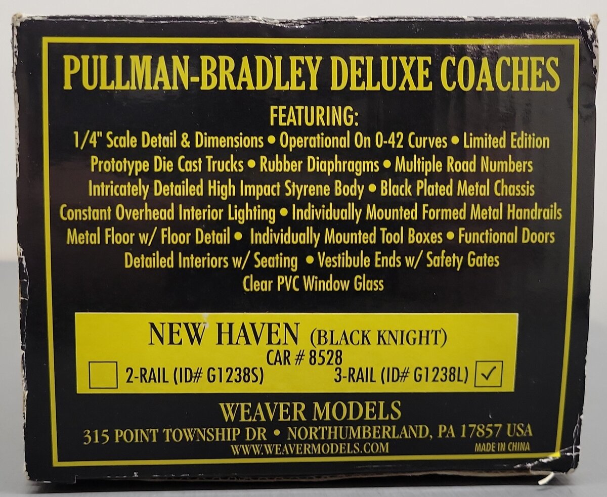 Weaver G1238L New Haven Black Knight Pullman-Bradley 85' Coach Car #8528 LN/Box