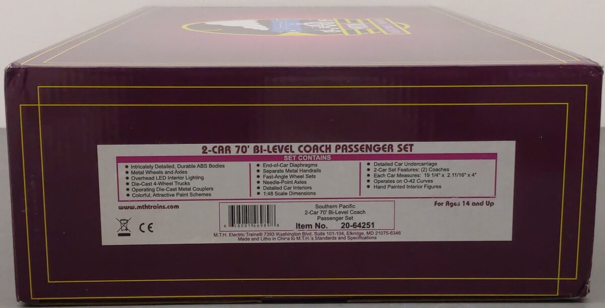 MTH 20-64251 O Gauge Southern Pacific 2-Car 70' Bi-Level Coach Passenger Set LN/Box