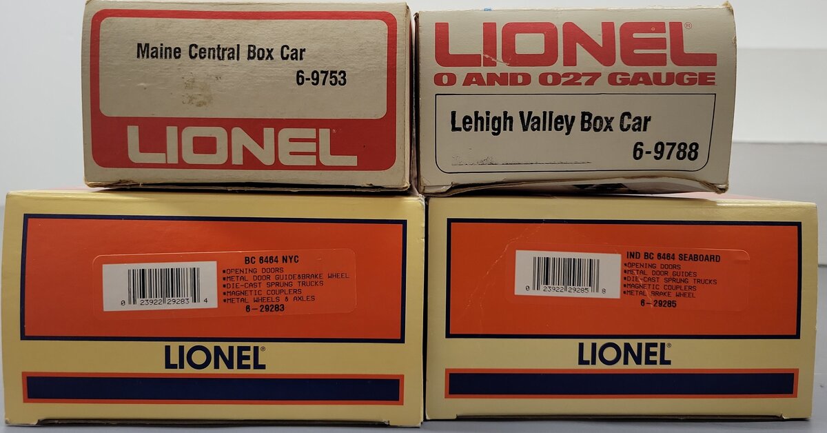 Lionel O Gauge Assorted Box Cars:6-9788, 6-9753, 6-29285, 6-29283 [4] EX/Box