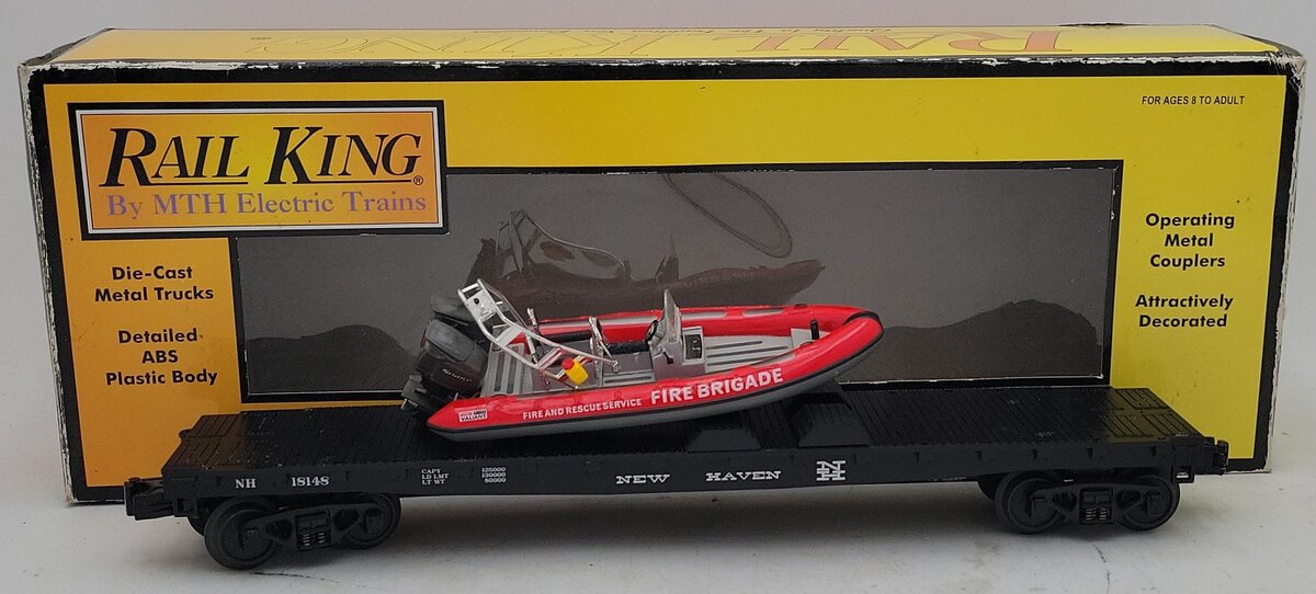 MTH 30-76249 O Gauge New Haven Flat Car w/Rescue Boat VG/Box