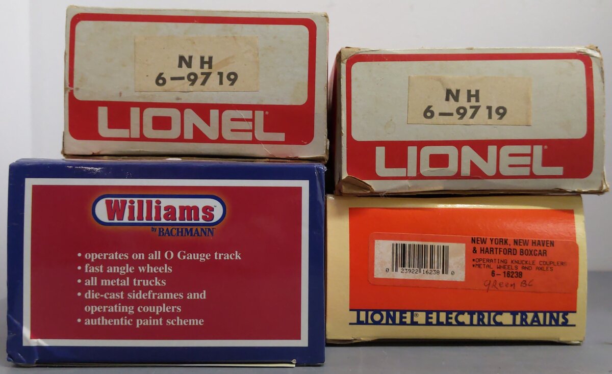 Lionel and Williams O New Haven Assorted Boxcars: #16238, #9719, #6464425 [4] VG/Box