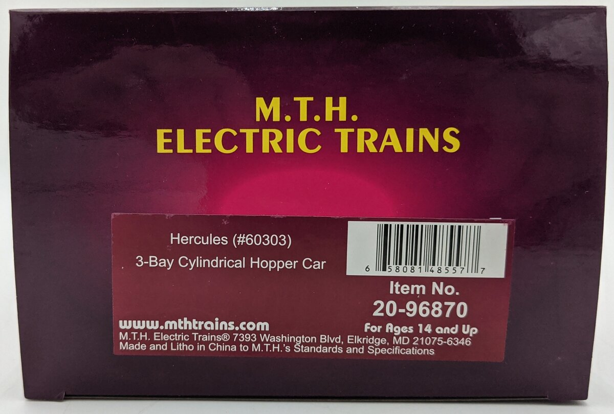 MTH 20-96870 O Gauge Hercules 3 Bay Cylindrical Hopper Car #60303 LN/Box