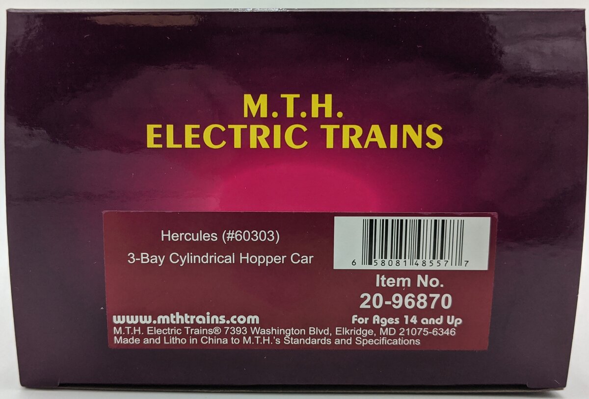MTH 20-96870 O Gauge Hercules 3 Bay Cylindrical Hopper Car #60303 LN/Box
