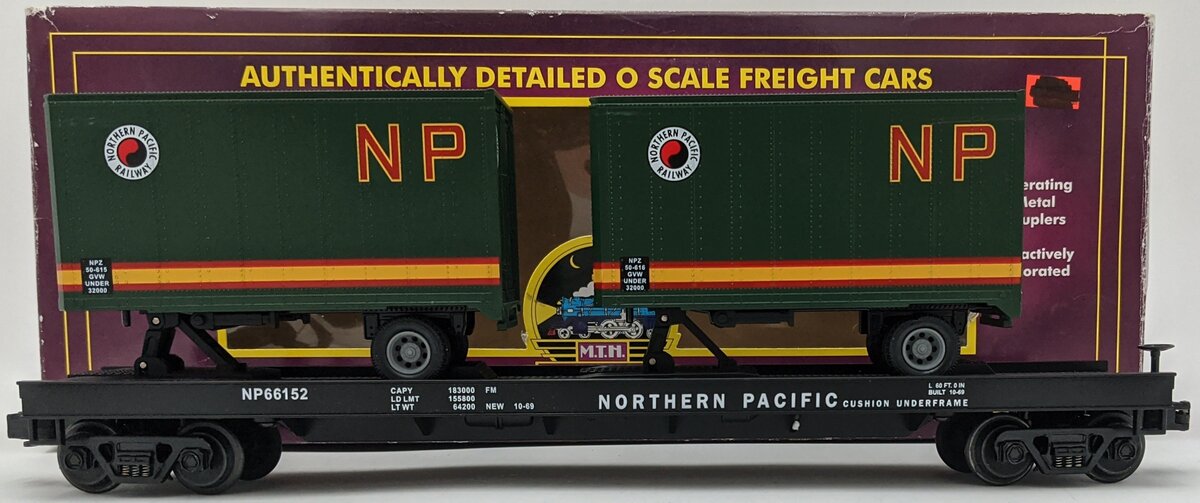 MTH 20-98105 Northern Pacific Flatcar with 2 Short NP Trailers #66152 EX/Box