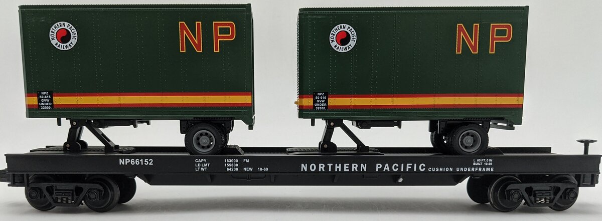 MTH 20-98105 Northern Pacific Flatcar with 2 Short NP Trailers #66152 EX/Box