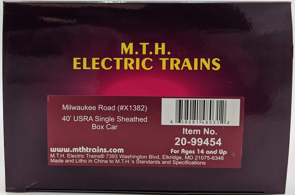 MTH 20-99454 O Gauge Milwaulkee Road USRA Single Sheathed Boxcar #X1382 LN/Box