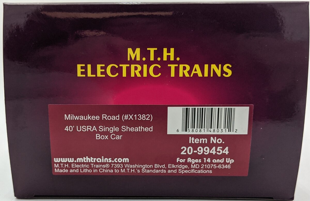MTH 20-99454 O Gauge Milwaulkee Road USRA Single Sheathed Boxcar #X1382 LN/Box
