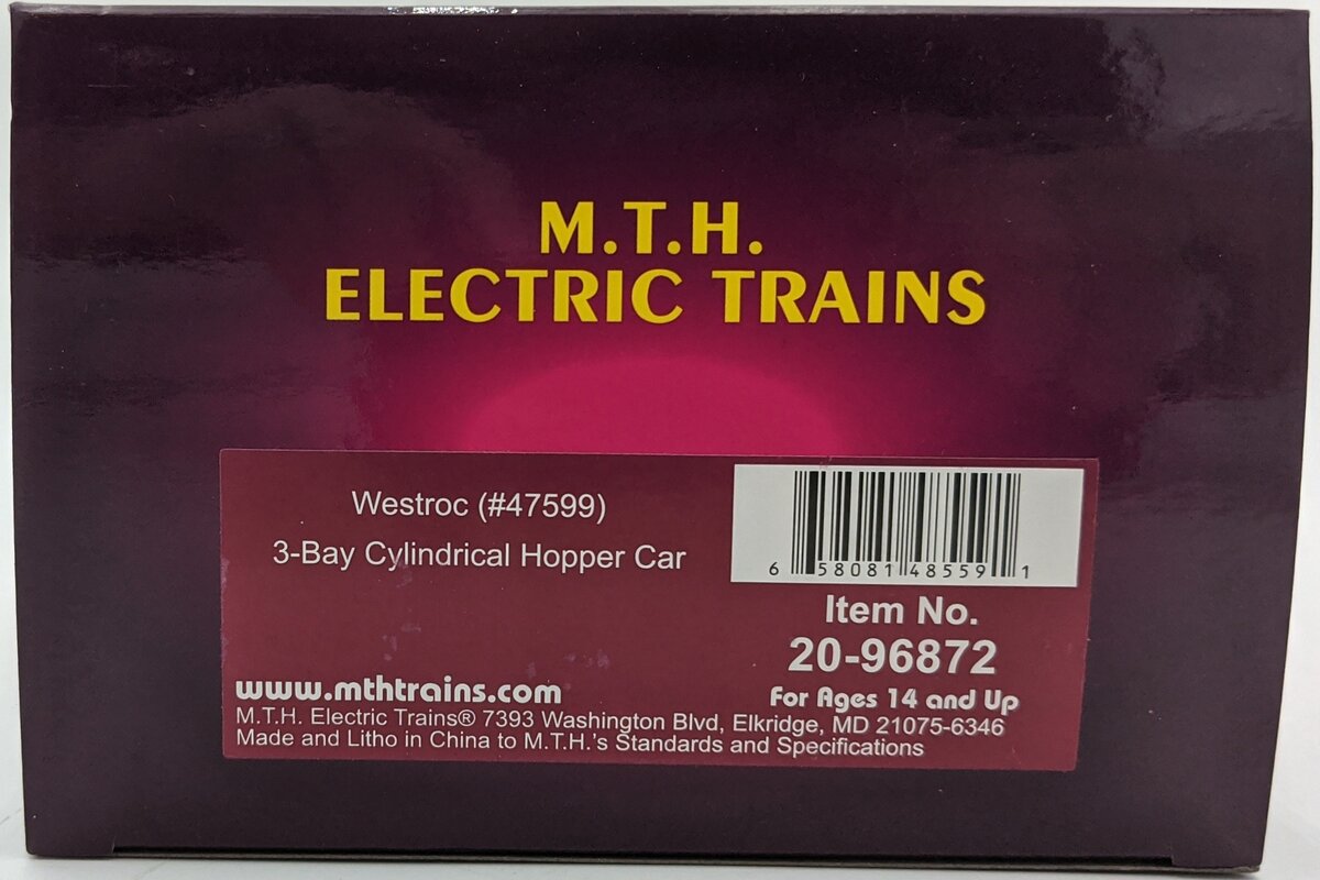 MTH 20-96872 O Gauge Westroc 3-Bay Cylindrical Hopper #47599 LN/Box