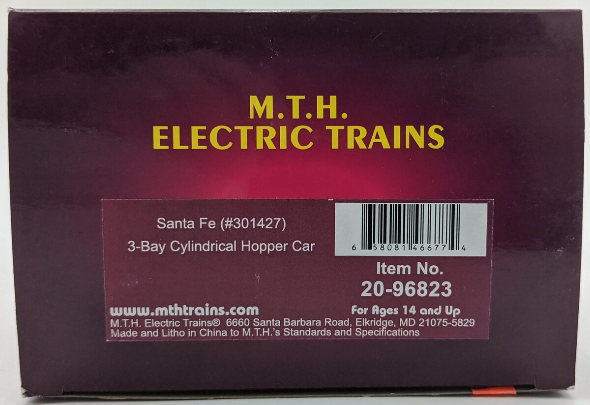 MTH 20-96823 O Gauge Santa Fe 3-Bay Cylindrical Hopper #301427 LN/Box