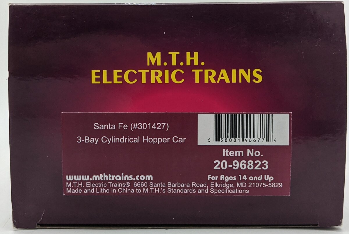 MTH 20-96823 O Gauge Santa Fe 3-Bay Cylindrical Hopper #301427 LN/Box