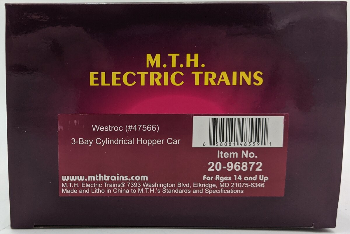 MTH 20-96872 O Gauge Westroc 3-Bay Cylindrical Hopper #47566 LN/Box