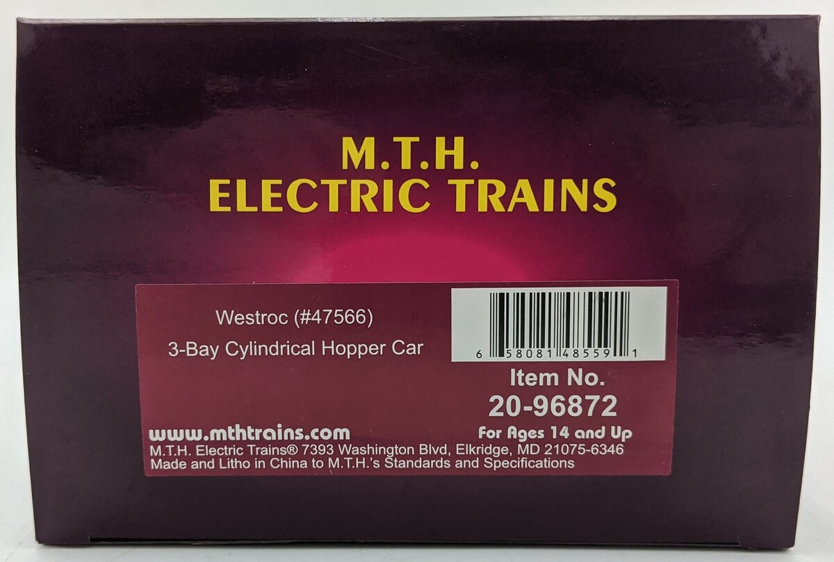 MTH 20-96872 O Gauge Westroc 3-Bay Cylindrical Hopper #47566 LN/Box