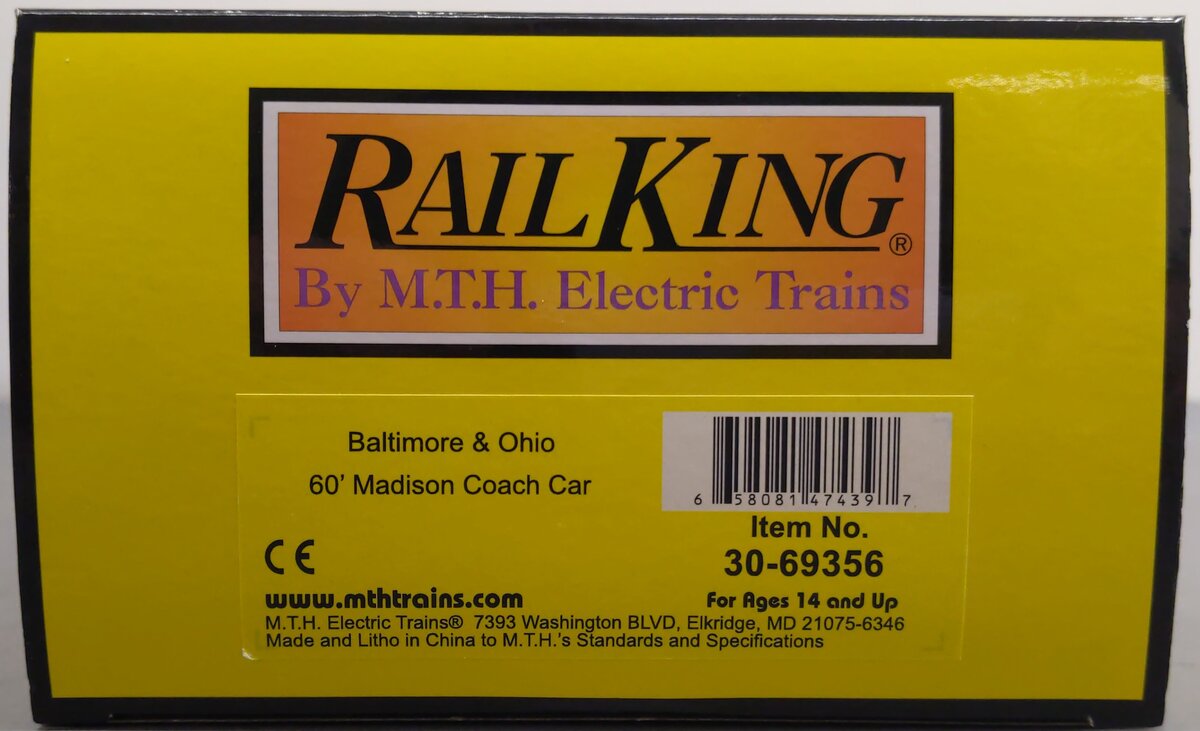 MTH 30-69356 O Gauge Baltimore & Ohio 60' Madison Coach Car #3573 LN/Box