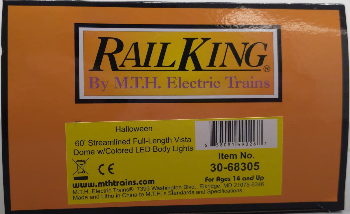 MTH 30-68305 O RailKing Halloween 60’ Streamlined Vista Dome Car w/LED LN/Box