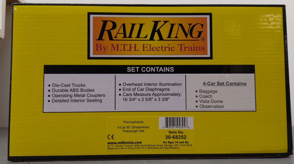 MTH 30-68252 O Gauge Pennsylvania 4-Car 60' Streamlined Passenger Set NIB