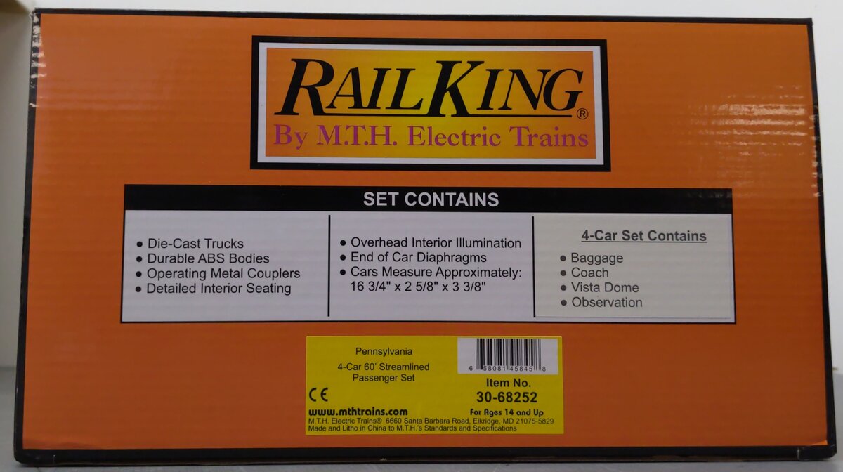 MTH 30-68252 O Gauge Pennsylvania 4-Car 60' Streamlined Passenger Set NIB