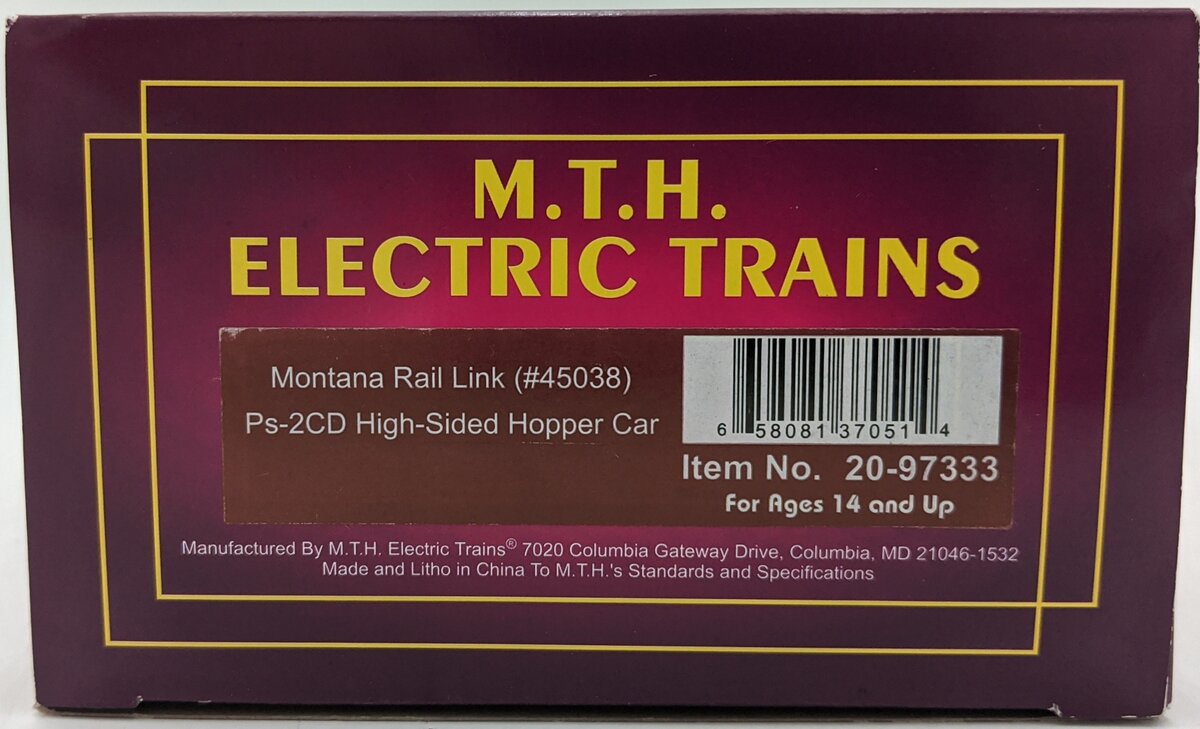 MTH 20-97333 O Montana Rail Link PS-2CD High Side Hopper #45038 LN/Box