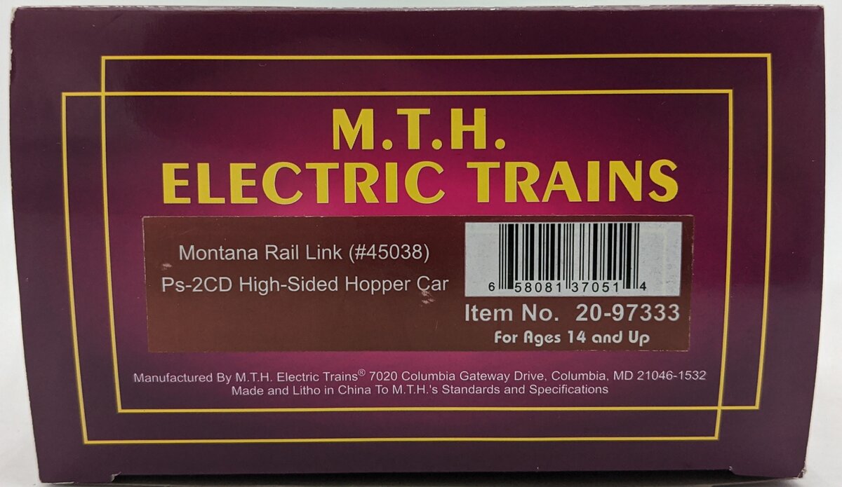 MTH 20-97333 O Montana Rail Link PS-2CD High Side Hopper #45038 LN/Box