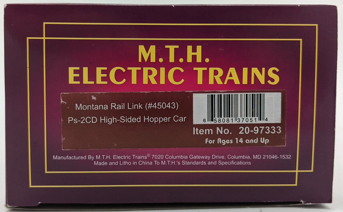 MTH 20-97333 O Montana Rail Link PS-2CD High Side Hopper #45043 LN/Box