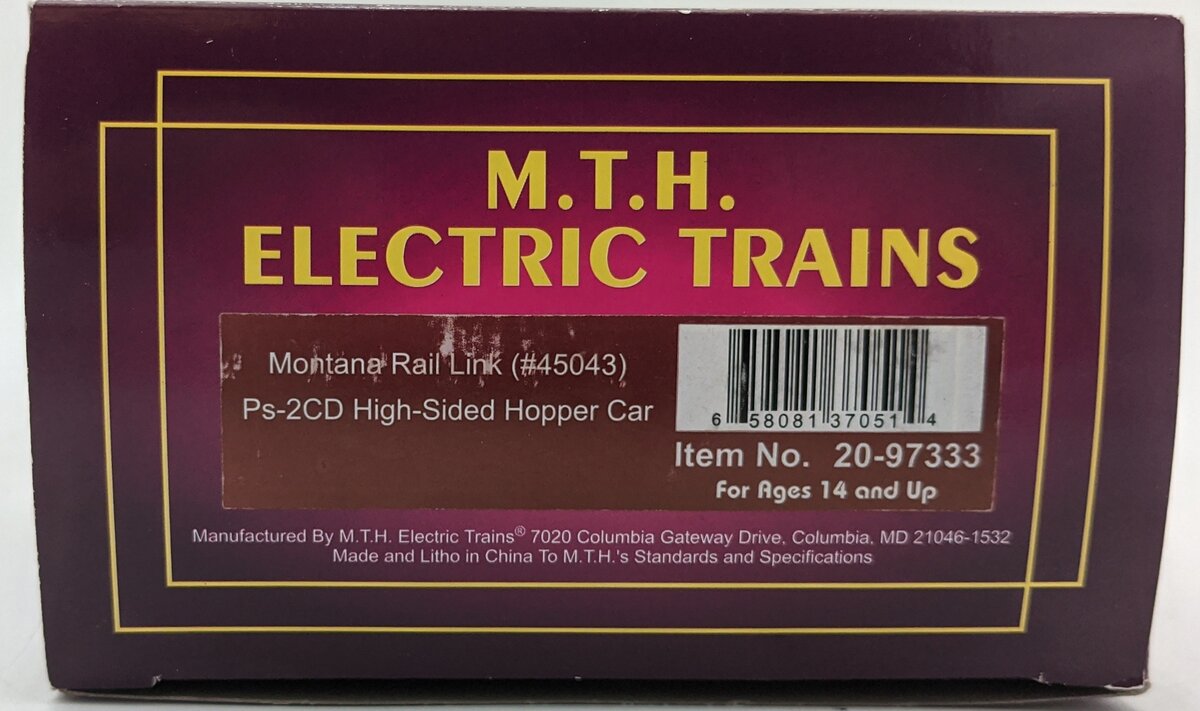 MTH 20-97333 O Montana Rail Link PS-2CD High Side Hopper #45043 LN/Box
