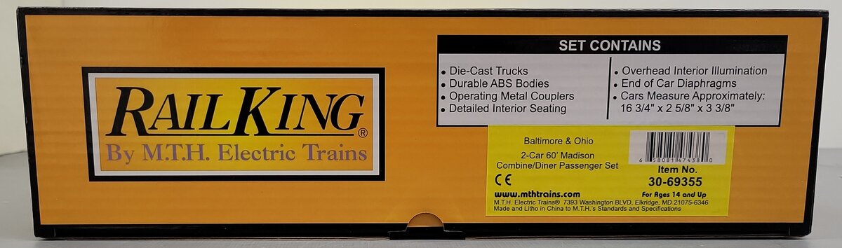 MTH 30-69355 O RailKing Baltimore & Ohio 2-Car 60’ Madison Combine/Diner Set NIB