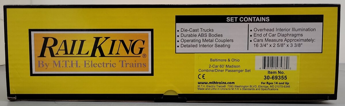 MTH 30-69355 O RailKing Baltimore & Ohio 2-Car 60’ Madison Combine/Diner Set NIB
